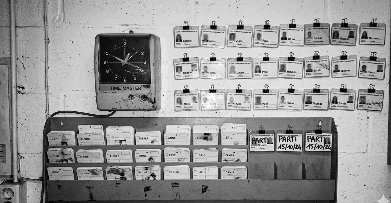 Pointeuse murale et casiers de fiches de pointage avec plusieurs badges marqués PARTI 15.10.24