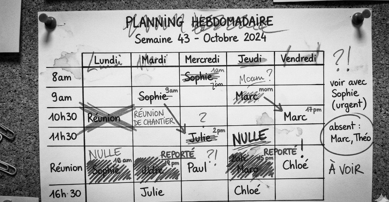 Planning hebdomadaire manuscrit avec ratures, mentions REPORTÉ et NULLE, annotations urgent à voir